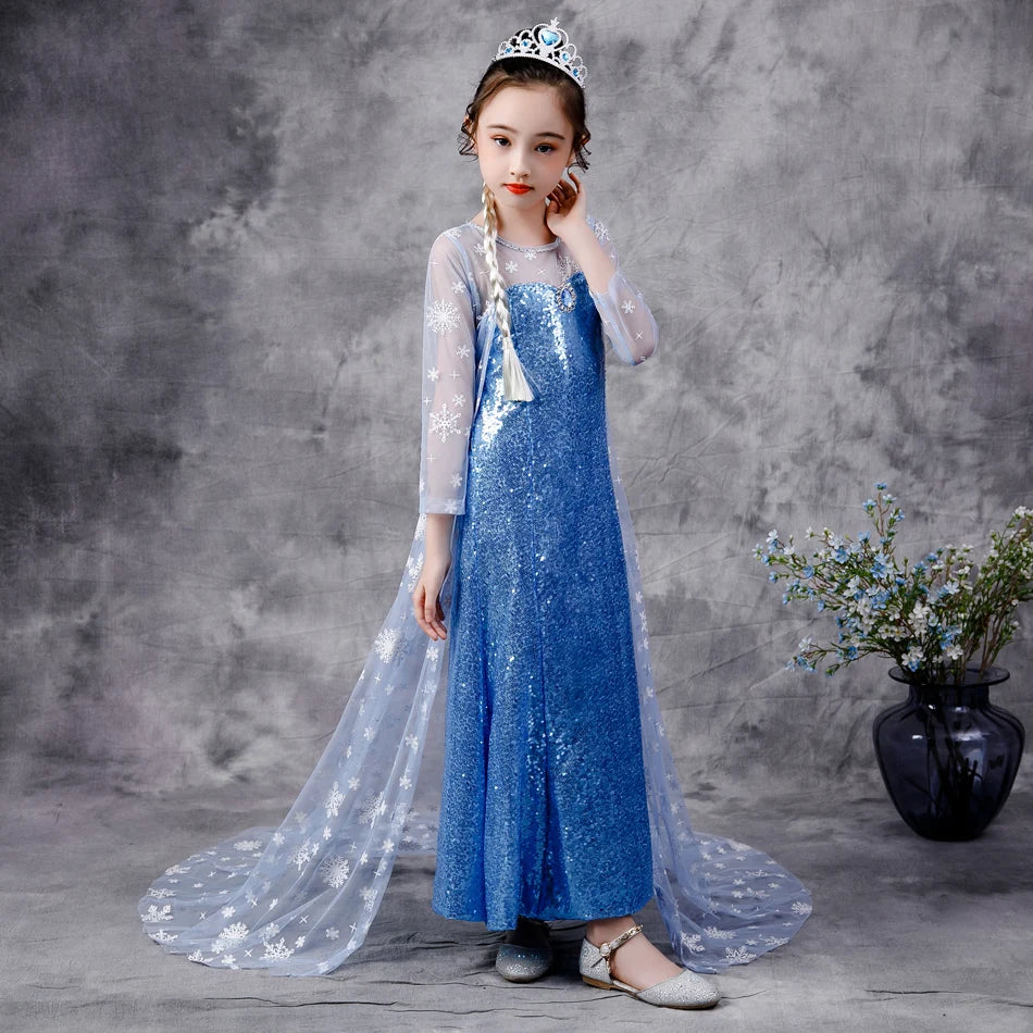 2020 Girls Elsa 2 Princess Sequin Dress with Snowfake Cape Crown Halloween Costume Clothing for Kids Childrens Fancy Dresses