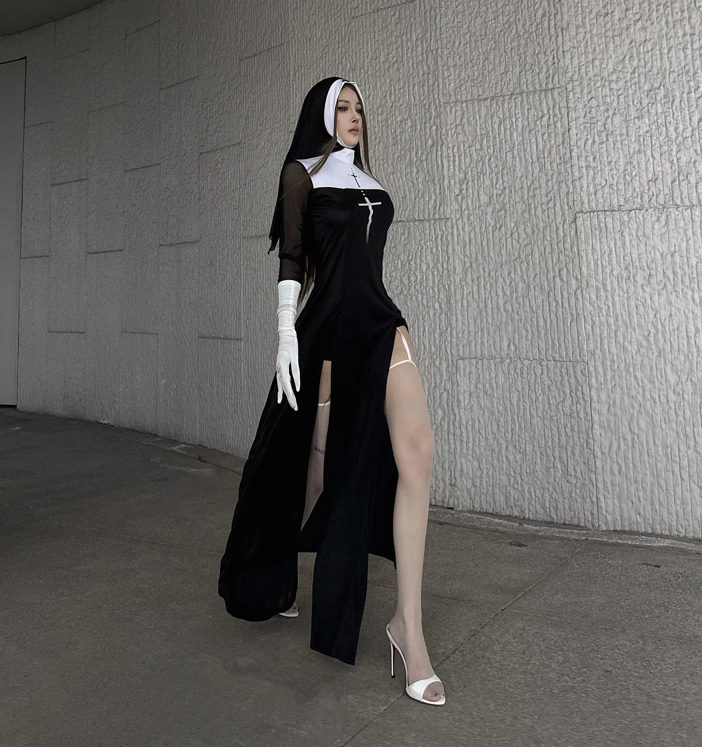 Halloween Nun Costume Female Carnival Cosplay Sexy Nun Dress with Headwear Two Piece Set Church Costumes Pray Gothic