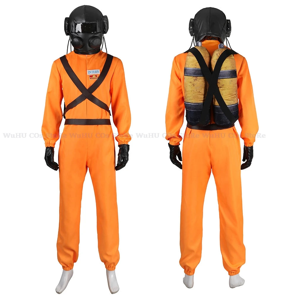 Game Lethal Company Cosplay Costume Red Jumpsuits Lethal Company Mask Clothing Jumpsuit Full Set Men Halloween Role Play Party