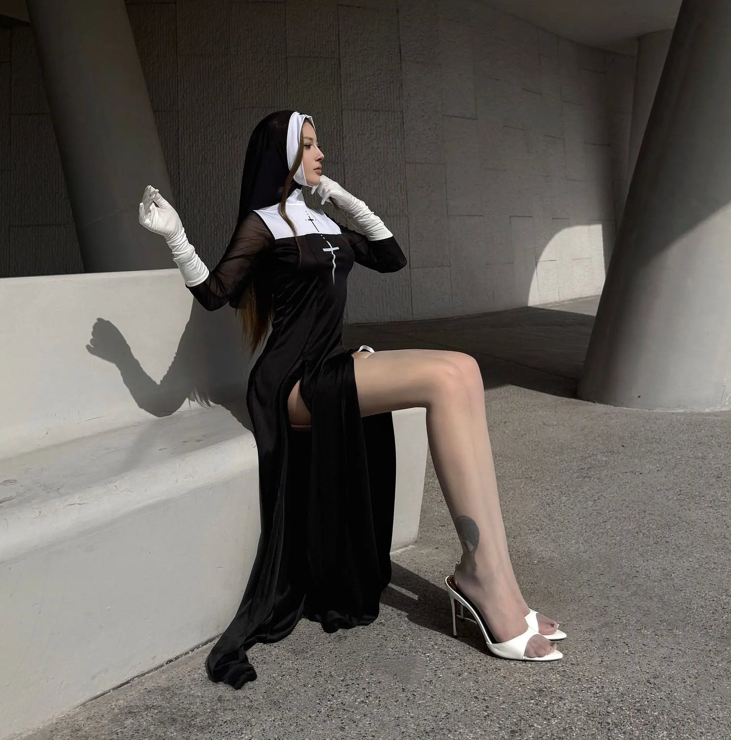 Halloween Nun Costume Female Carnival Cosplay Sexy Nun Dress with Headwear Two Piece Set Church Costumes Pray Gothic