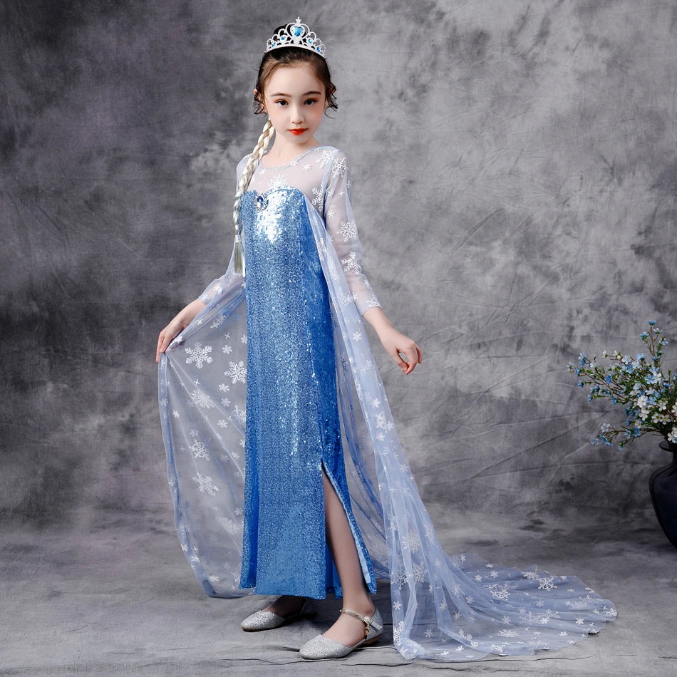 2020 Girls Elsa 2 Princess Sequin Dress with Snowfake Cape Crown Halloween Costume Clothing for Kids Childrens Fancy Dresses