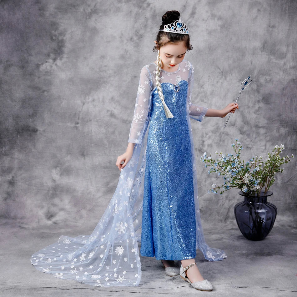 2020 Girls Elsa 2 Princess Sequin Dress with Snowfake Cape Crown Halloween Costume Clothing for Kids Childrens Fancy Dresses