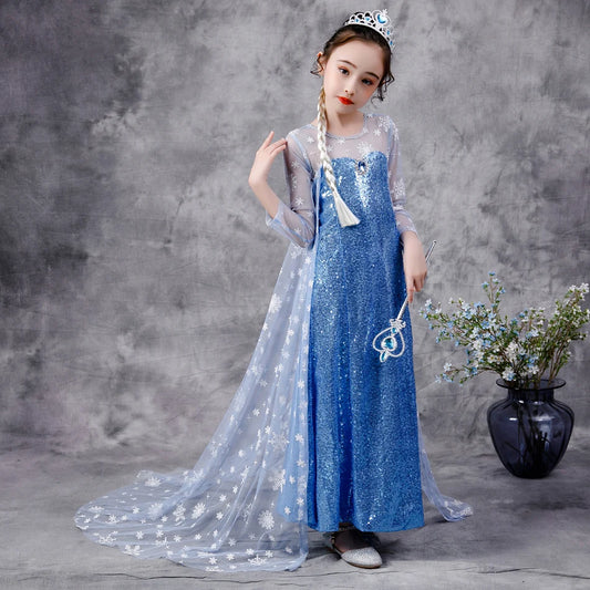 2020 Girls Elsa 2 Princess Sequin Dress with Snowfake Cape Crown Halloween Costume Clothing for Kids Childrens Fancy Dresses