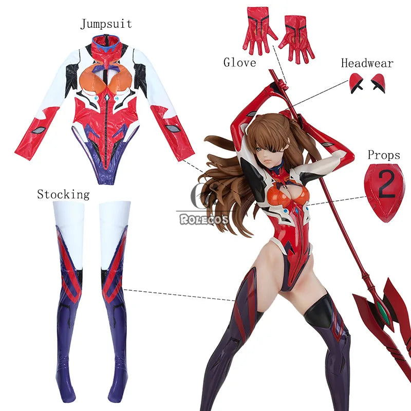 ROLECOS Anime Asuka Cosplay Costume Asuka Langley Soryu Cosplay Costume Sexy Jumpsuit Women Bodysuit Halloween Headwear