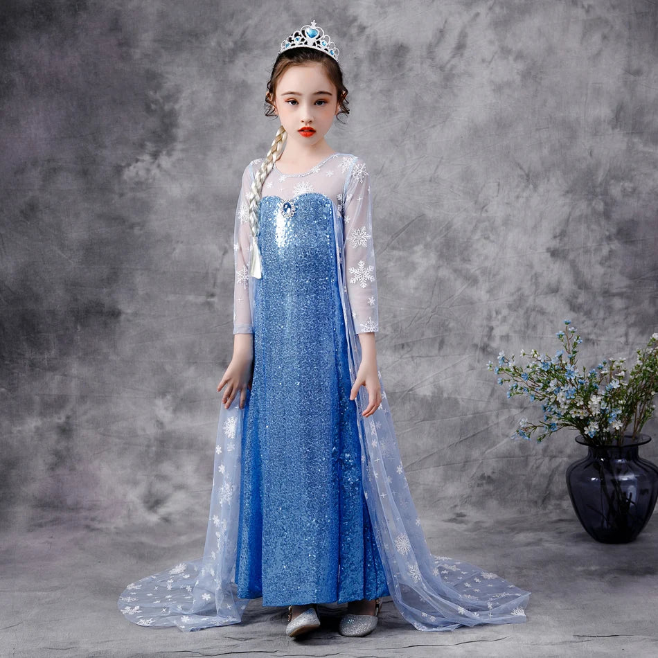 2020 Girls Elsa 2 Princess Sequin Dress with Snowfake Cape Crown Halloween Costume Clothing for Kids Childrens Fancy Dresses