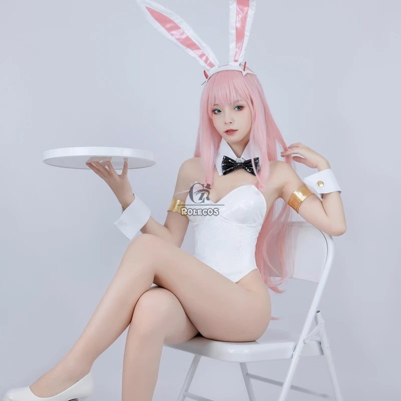 ROLECOS Anime Zero Two Cosplay Costume Halloween Sexy Woman Bunny Girl 02 Ver. 2nd White Leather Jumpsuit