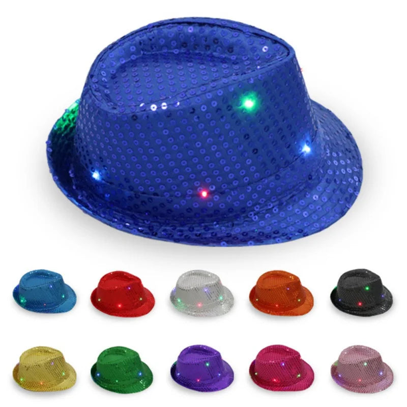 Flashing Light Up Led Brilliant Glitter Sequin Colorful Sequin Fancy Dress Jazz Dance Party Club Party Hat For Men and Women New