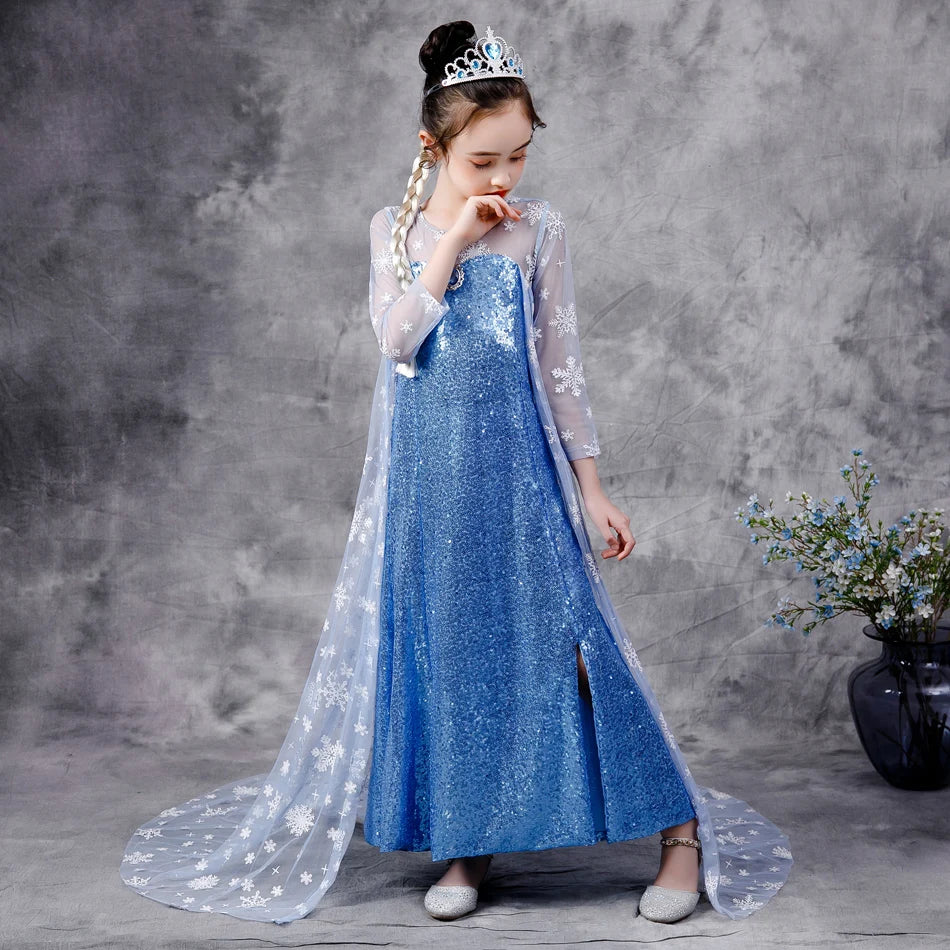 2020 Girls Elsa 2 Princess Sequin Dress with Snowfake Cape Crown Halloween Costume Clothing for Kids Childrens Fancy Dresses