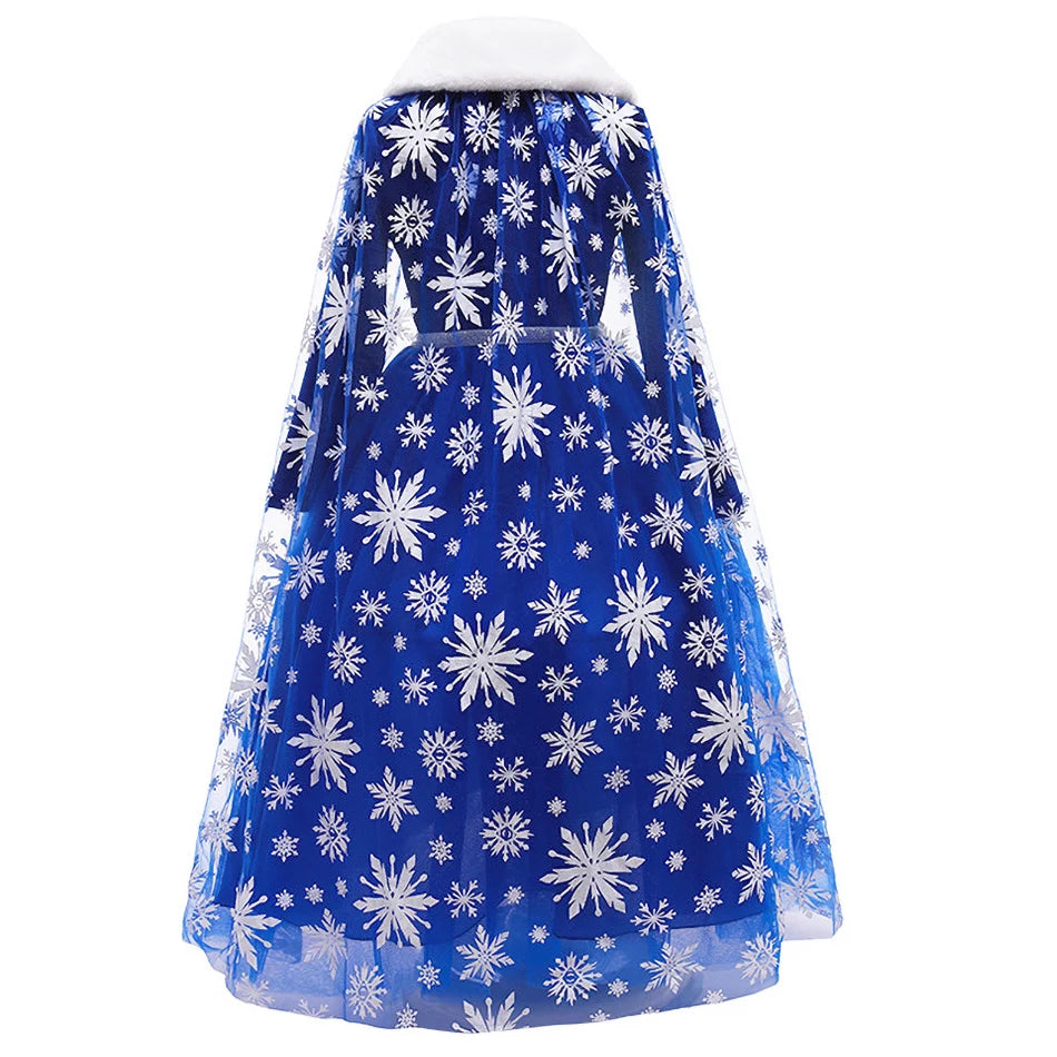 Little Girl Elsa Dressed Up As Childrens Autumn Winter Cosplay Snowflake Cape Robe Children Princess Blue Costume for Halloween