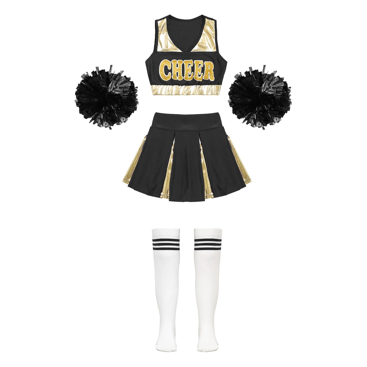 Childrens Cheer Leader Costume Girls Cheerleading Uniform Outfits with Flower Balls Socks Schoolgirl Dance Dress Halloween Party