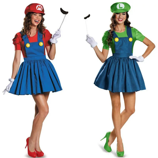 Womens Super Brothers Cosplay Costume Halloween Mario and Luigi Role-playing Dress