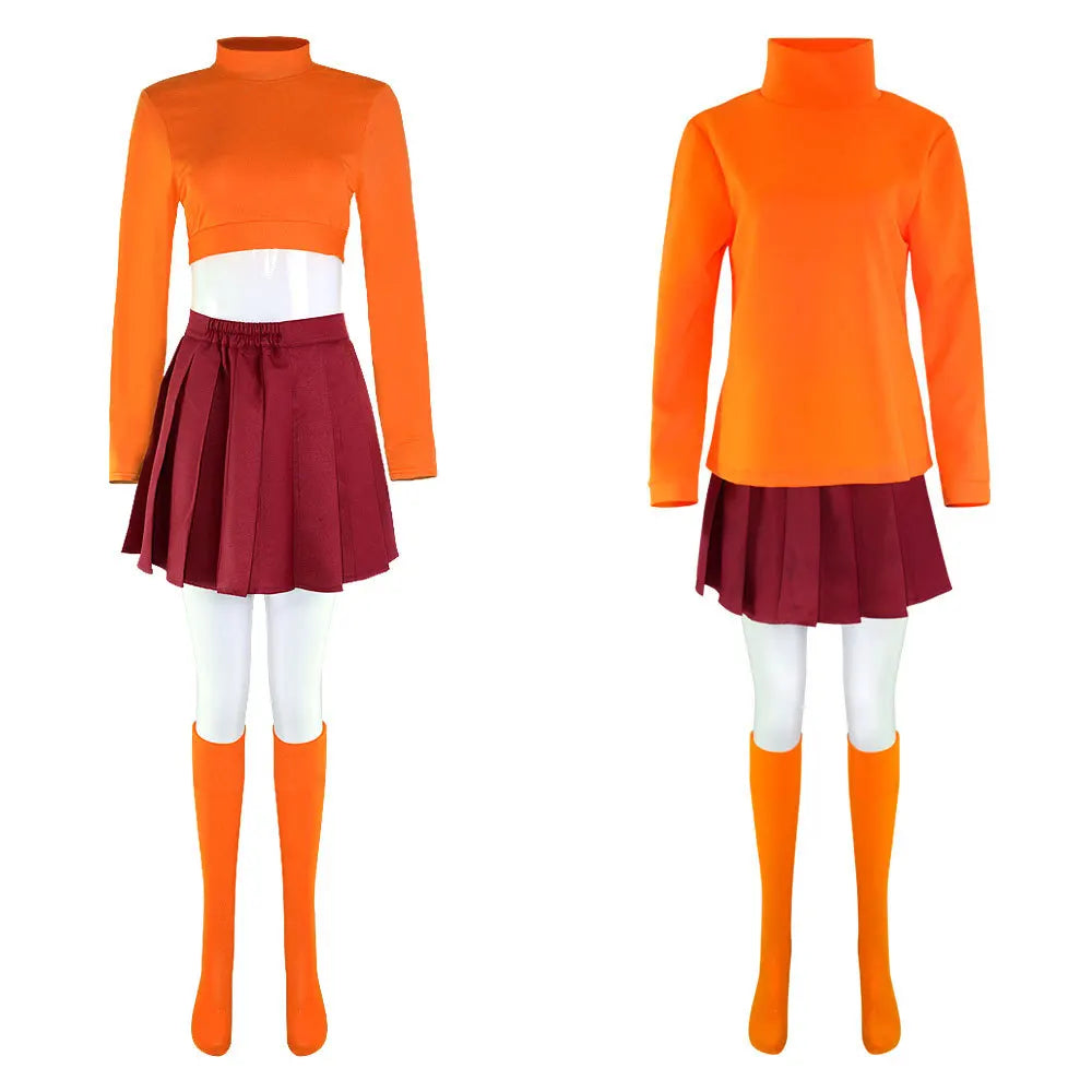 Anime Velma Seragam Cosplay Kostum Orange Short Skirt Uniform Wanita Oranye Kaus Kaki Rok Atas Halloween Party Carnival Set