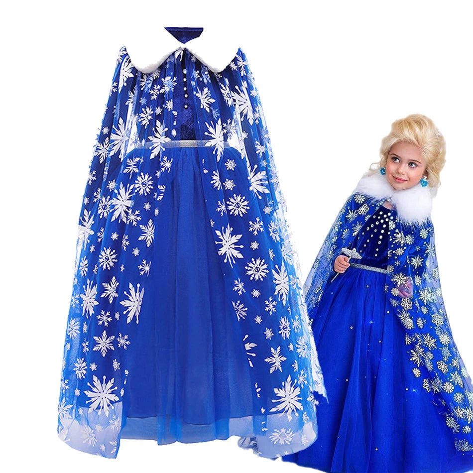 Little Girl Elsa Dressed Up As Childrens Autumn Winter Cosplay Snowflake Cape Robe Children Princess Blue Costume for Halloween