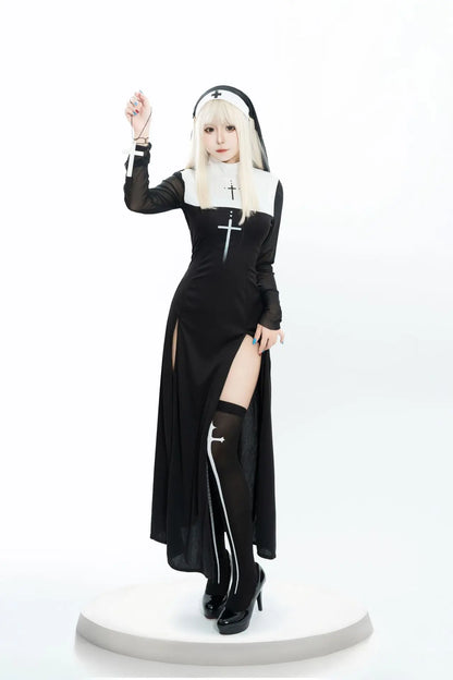 Halloween Nun Costume Female Carnival Cosplay Sexy Nun Dress with Headwear Two Piece Set Church Costumes Pray Gothic