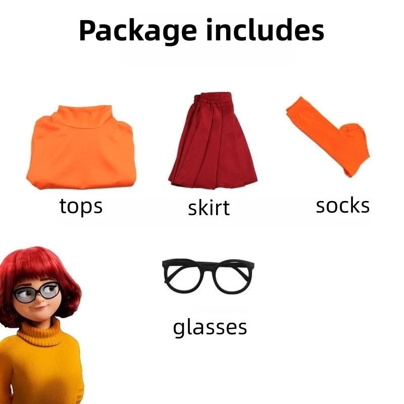 Anime Velma Seragam Cosplay Kostum Orange Short Skirt Uniform Wanita Oranye Kaus Kaki Rok Atas Halloween Party Carnival Set