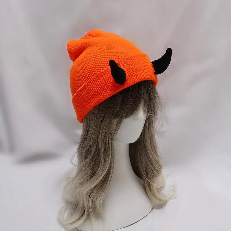 Devil Horn Hat Halloween Soft Knitted Beanie Warm Winter Autumn Funny Hip Hop Cap Indoor Outdoor Windproof Coldproof Skullies