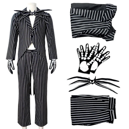 Jack Skelington Cosplay Costume Movie The Nightmare Cosplay Before Christmas Striped Top Pant Outfit Halloween Party Uniform