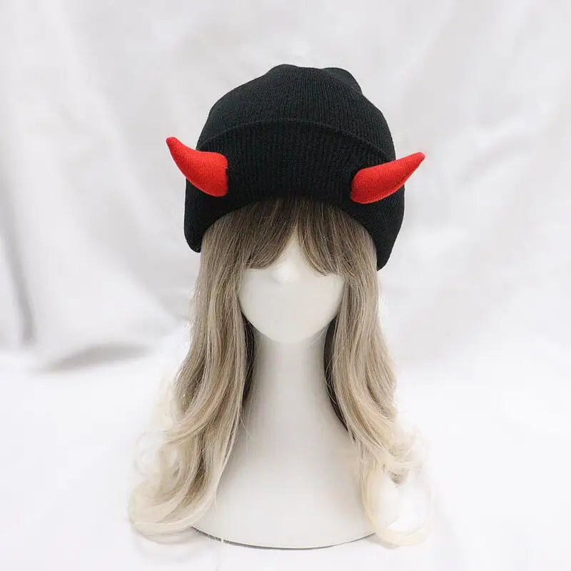 Devil Horn Hat Halloween Soft Knitted Beanie Warm Winter Autumn Funny Hip Hop Cap Indoor Outdoor Windproof Coldproof Skullies