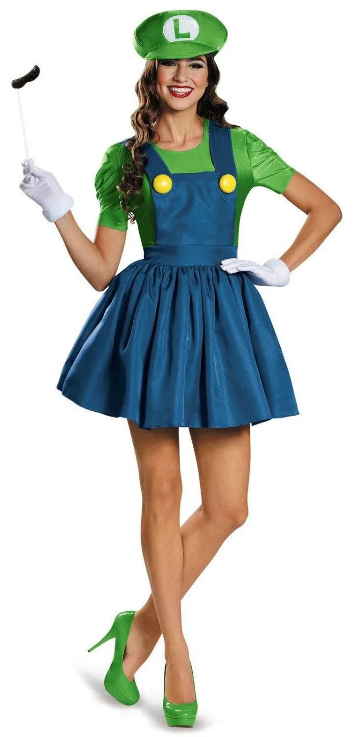 Womens Super Brothers Cosplay Costume Halloween Mario and Luigi Role-playing Dress