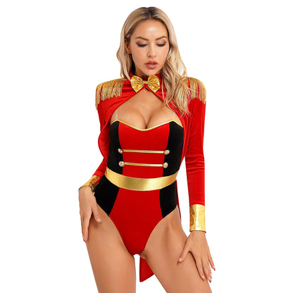 Women's Sexy Circus Ringmaster Costume - Velvet Long Sleeve Jumpsuit with Tailcoat