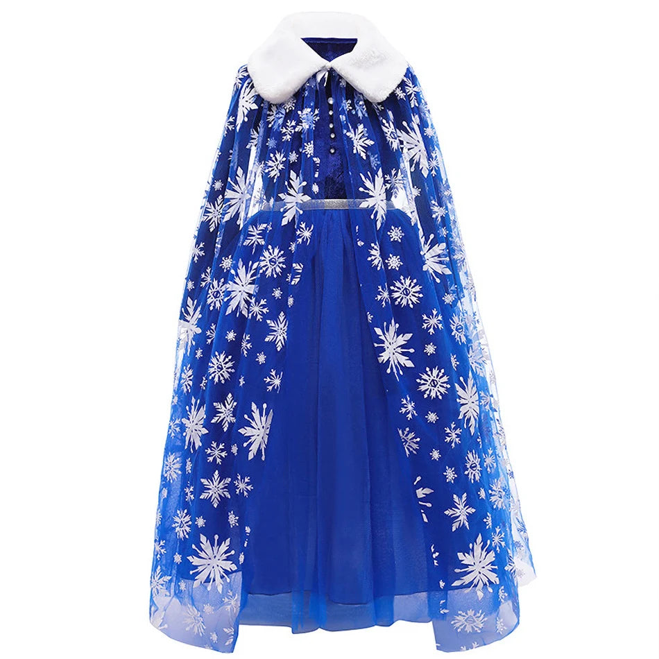 Little Girl Elsa Dressed Up As Childrens Autumn Winter Cosplay Snowflake Cape Robe Children Princess Blue Costume for Halloween