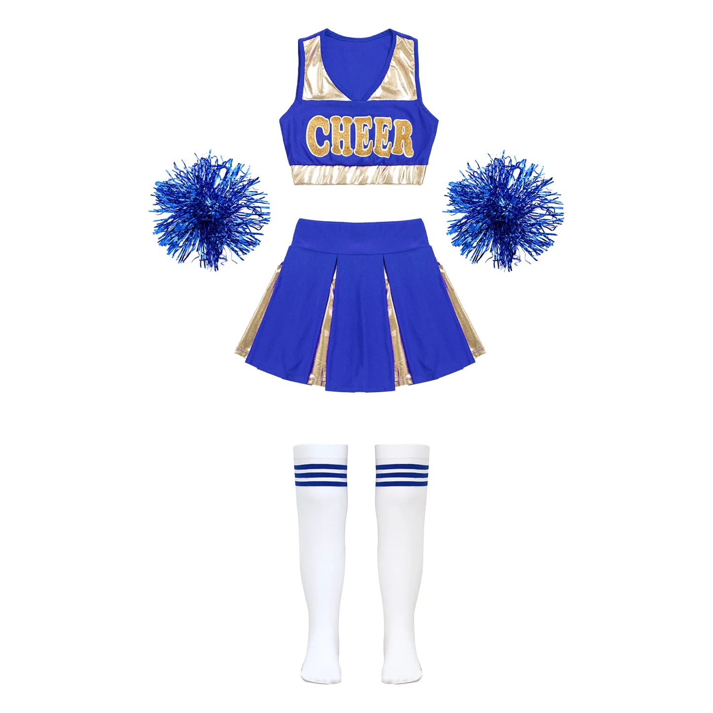 Childrens Cheer Leader Costume Girls Cheerleading Uniform Outfits with Flower Balls Socks Schoolgirl Dance Dress Halloween Party