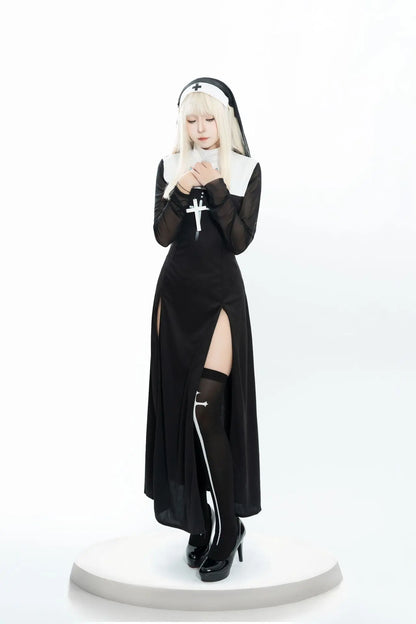Halloween Nun Costume Female Carnival Cosplay Sexy Nun Dress with Headwear Two Piece Set Church Costumes Pray Gothic