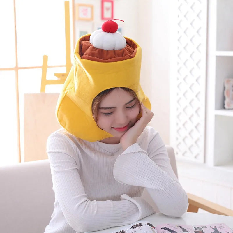 Cartoon Plush Headwear Cosplay Party Funny Eggplant Food Hat Cap Pineapple Popcorn Chips Headdress Photo Performance Prop