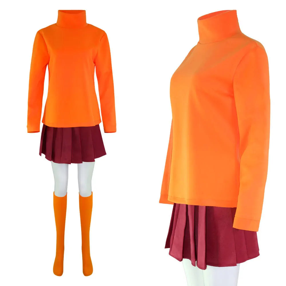 Anime Velma Seragam Cosplay Kostum Orange Short Skirt Uniform Wanita Oranye Kaus Kaki Rok Atas Halloween Party Carnival Set