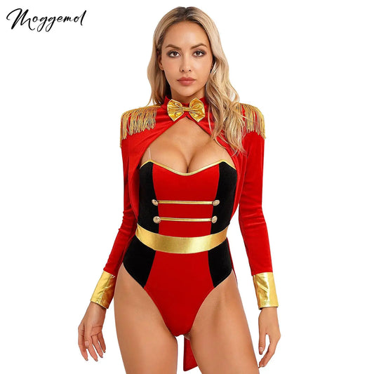 Women's Sexy Circus Ringmaster Costume - Velvet Long Sleeve Jumpsuit with Tailcoat