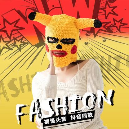 Funny Spoof Pullover Hat Men Women Cartoon Handmade Knitted Hat Halloween Bully Robber Woolen Mask Sunglasses Amuse Head Cover