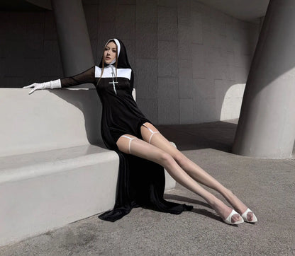 Halloween Nun Costume Female Carnival Cosplay Sexy Nun Dress with Headwear Two Piece Set Church Costumes Pray Gothic