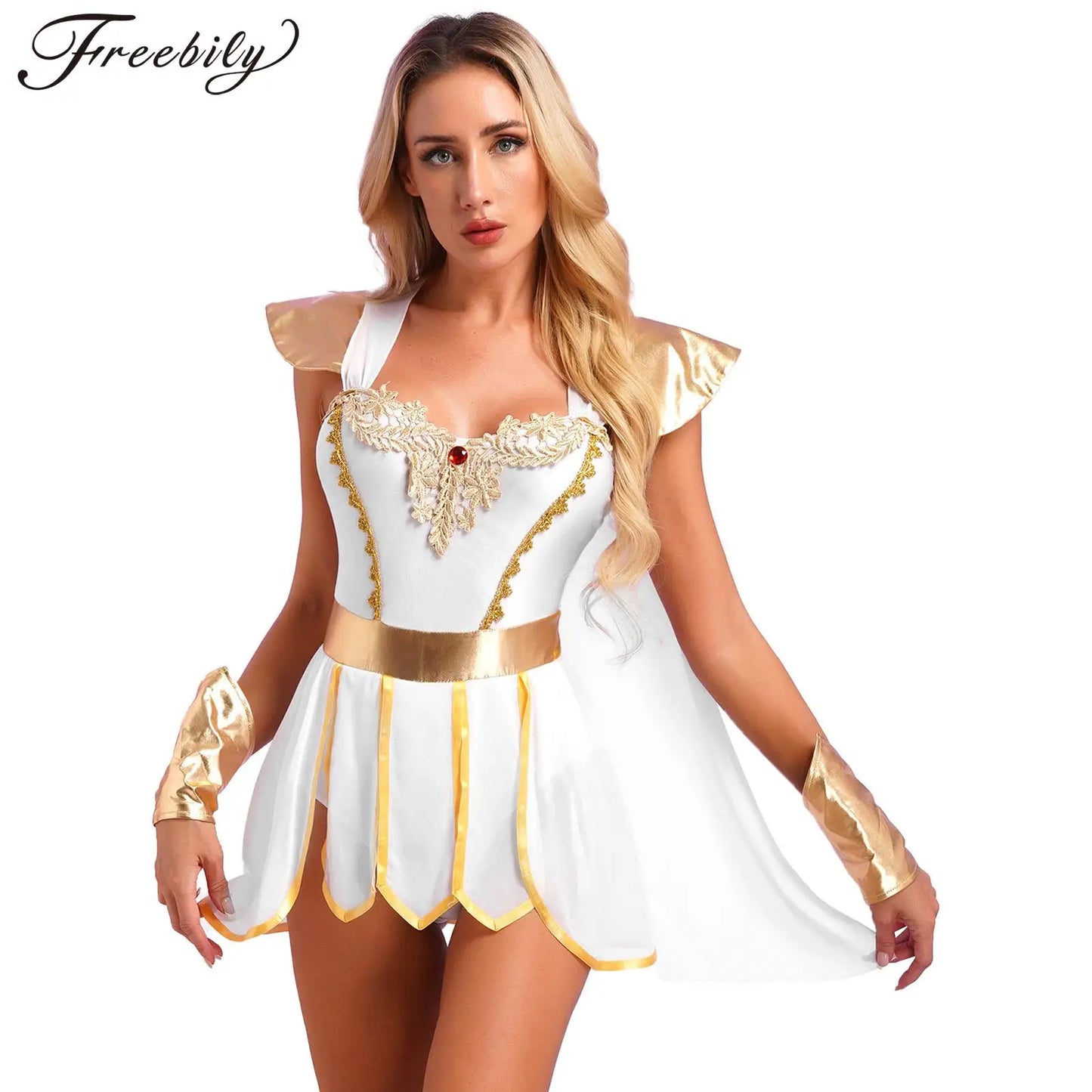 Womens Ancient Greek Roman Godness Empress Cosplay Costume Cape Leotard Dress Toga with Wristbands for Halloween Theme Party