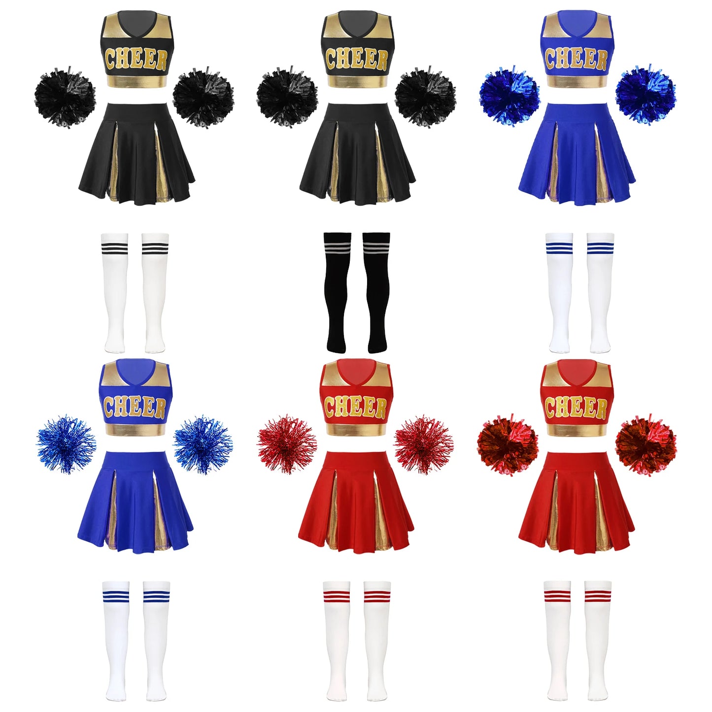 Childrens Cheer Leader Costume Girls Cheerleading Uniform Outfits with Flower Balls Socks Schoolgirl Dance Dress Halloween Party