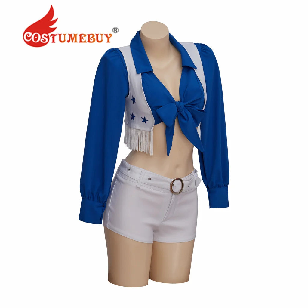 Women's Cheerleader Costume High School Girl Cheerleading Uniform Halloween Costume Blue Sexy Star Team Cheer Two Piece Set