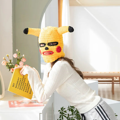 Funny Spoof Pullover Hat Men Women Cartoon Handmade Knitted Hat Halloween Bully Robber Woolen Mask Sunglasses Amuse Head Cover